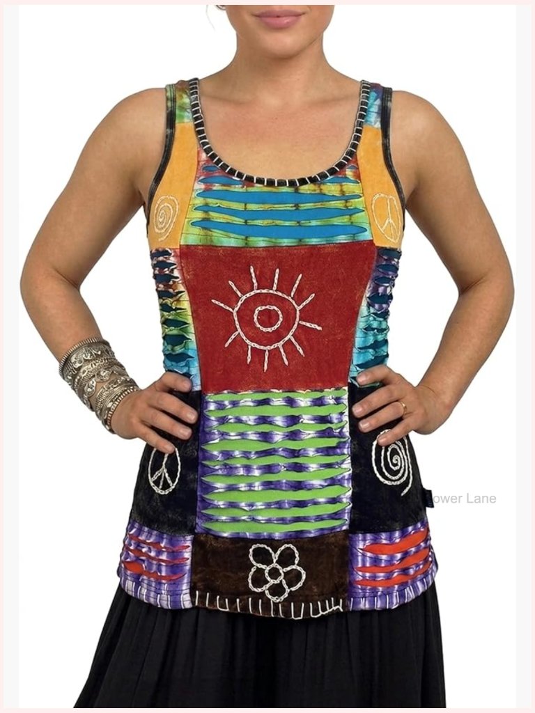 Sleeveless Boho Rib Cotton Knit Stretchy Gypsy Patch Cami Top